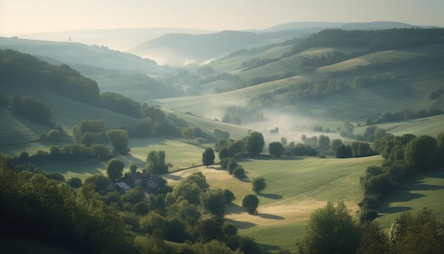 Tranquil meadow rolling hills majestic mountain range generated by AI