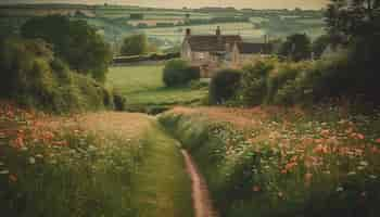 Free photo tranquil meadow rustic fence wildflowers in bloom generated by ai