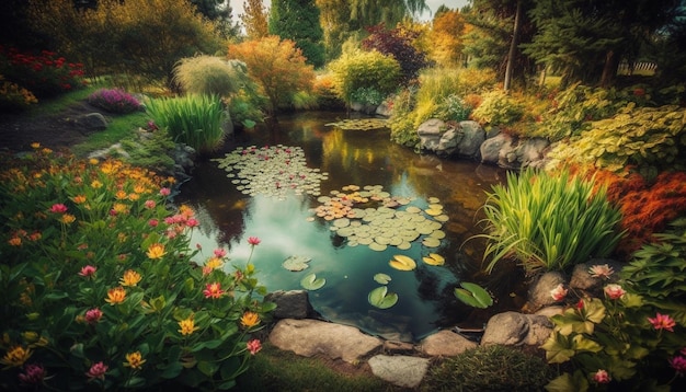 Tranquil pond reflects colorful autumn foliage beautifully generated by AI