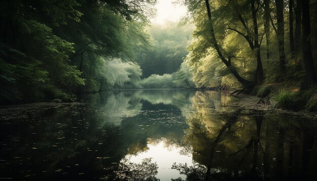 Tranquil reflection of tree on calm pond generated by AI
