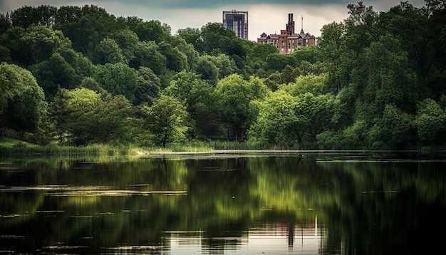 Free photo tranquil reflection of tree in pond water generated by ai