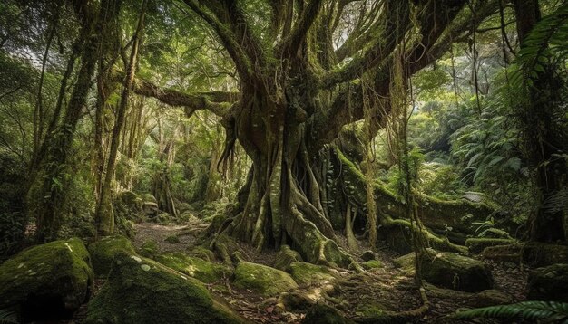 AI가 생성한 고대 열대우림의 고요한 풍경