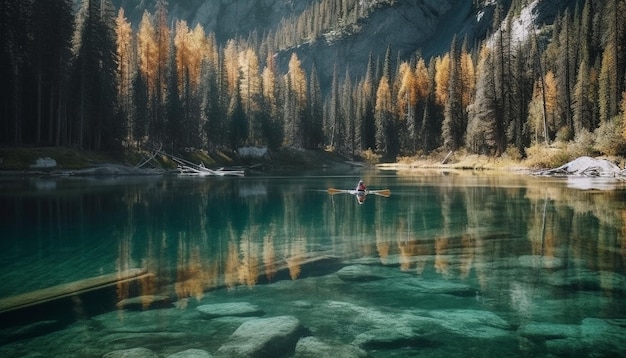 Tranquil scene of autumn forest reflection in water generated by AI