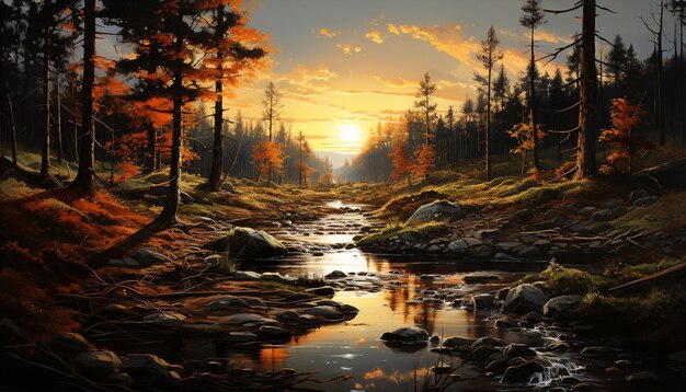 Tranquil scene autumn forest reflects vibrant sunset on water generated by artificial intelligence