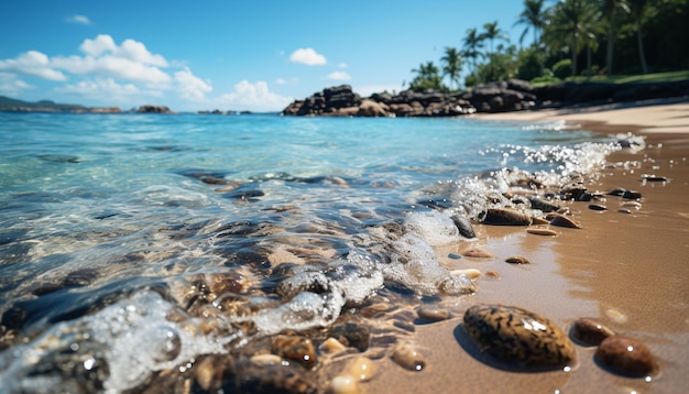Бесплатное фото Спокойная сцена голубые воды песчаное побережье зеленые деревья тропический рай, созданный искусственным интеллектом