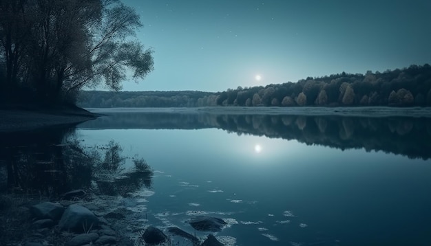 The tranquil scene at dusk reflection of tree in pond generated by AI