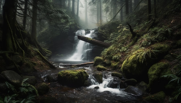 Tranquil scene of flowing water in forest generated by AI