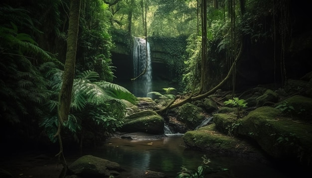 Спокойная сцена проточной воды в тропическом раю, созданная искусственным интеллектом