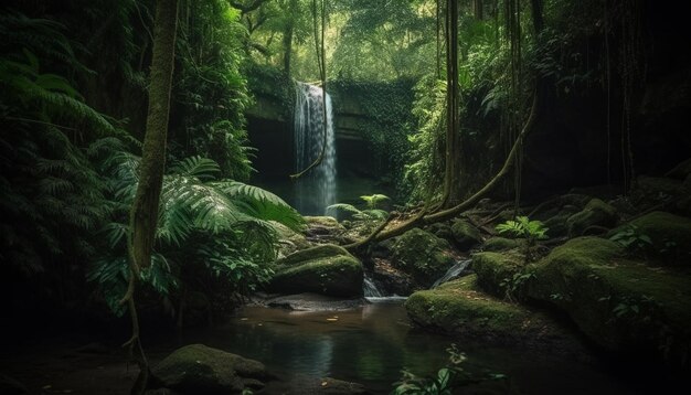 AI が生成した熱帯雨林の楽園の静かな水の流れの風景