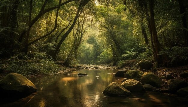 Tranquil scene of a forest in autumn generated by AI