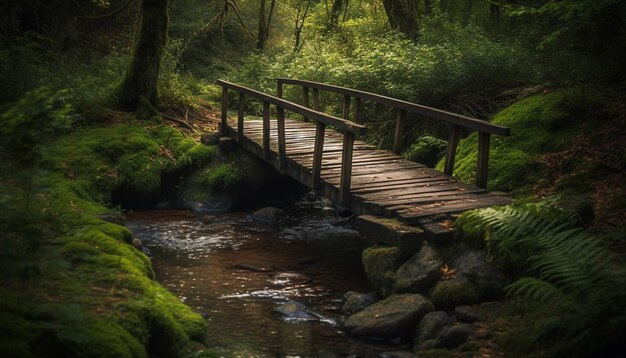 Tranquil scene of a forest footpath bridge generated by AI