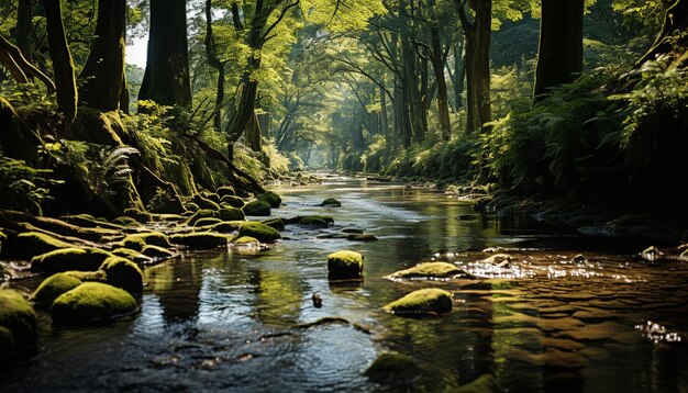 Scena tranquilla di una foresta con acqua che scorre generata dall'intelligenza artificiale