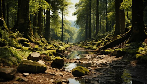 人工知能によって生成された流れる水を持つ森の静かなシーン