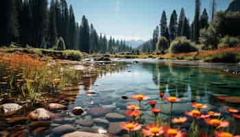 무료 사진 평화로운 장면 녹색 초원 산 정상 인공 지능에 의해 생성 된 평화로운 연못에 반영