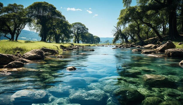 Спокойная сцена, зеленая гора, текущая вода, безмятежное отражение, созданное искусственным интеллектом