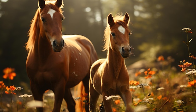 Foto gratuita scena tranquilla cavallo al pascolo in un prato immerso nella bellezza del tramonto generata dall'intelligenza artificiale