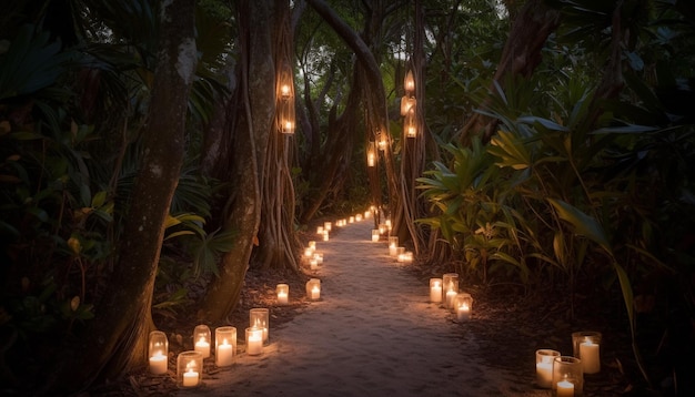 Foto gratuita scena tranquilla illuminata da ia generativa di candele e lanterne