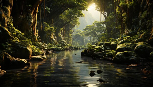 静かな風景、緑豊かな森、人工知能によって生成された太陽光を反射する水の流れ