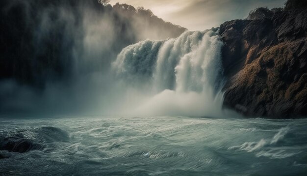 Tranquil scene of majestic mountain and flowing water generated by AI