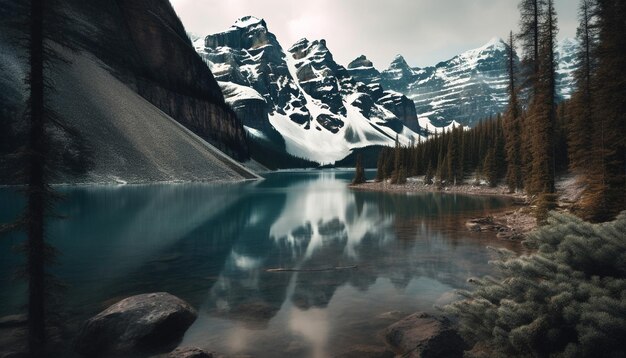 Tranquil scene of majestic mountain range reflection generated by AI