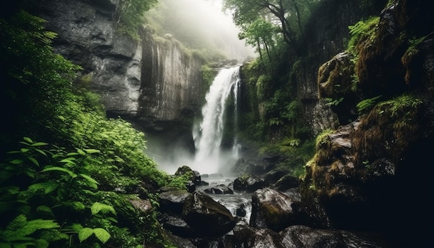 Спокойная сцена величественного водопада в лесу, созданная ИИ