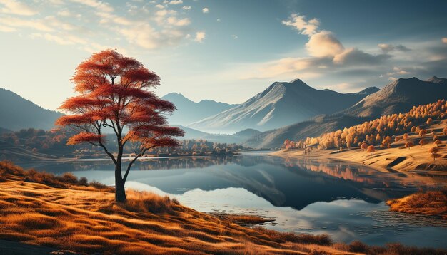 Tranquil scene mountain peak reflects multi colored autumn beauty generated by artificial intelligence