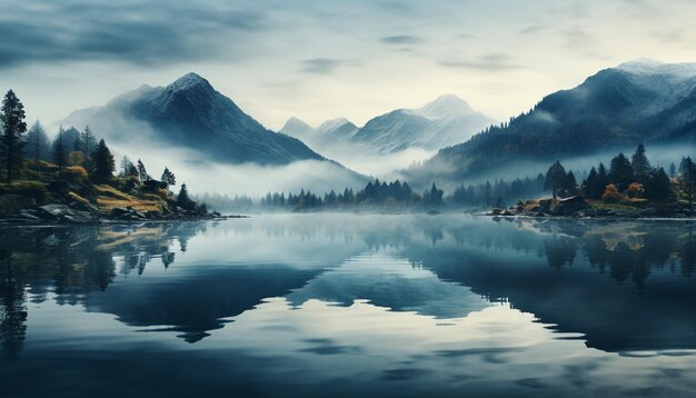 Tranquil scene mountain peak reflects in serene water generated by artificial intelligence