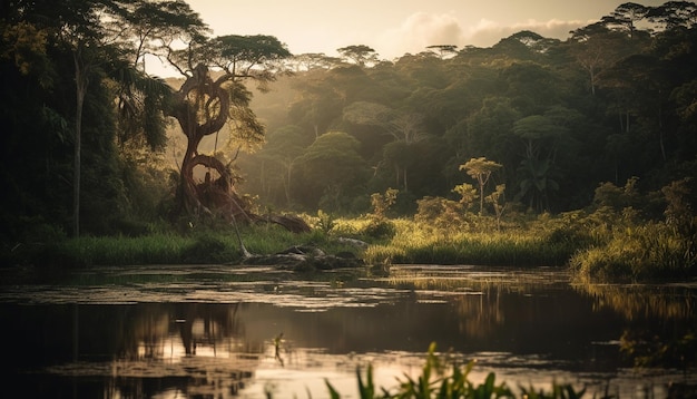 Free photo tranquil scene of mountain range reflected in pond generated by ai