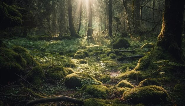 AIが生成した森の霧の中の神秘的な静寂な風景