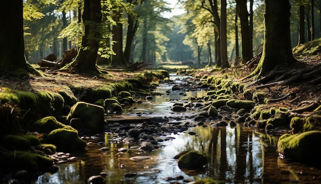 Foto gratuita scena tranquilla bellezza della natura in autunno foglie verdi acqua che scorre generata da intelligenza artificiale