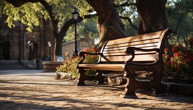 人工知能が生成した木製のベンチに座る自然の静かな風景