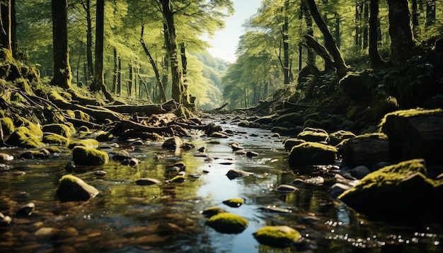 Бесплатное фото Спокойная сцена влажного леса с текущей водой и желтыми листьями, созданными искусственным интеллектом