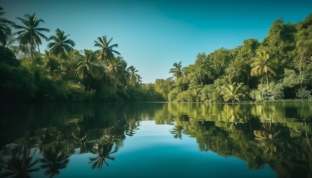 Бесплатное фото Спокойная сцена пальм у воды, созданная искусственным интеллектом