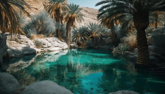 Tranquil scene of palm trees by flowing water generated by AI