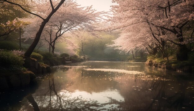 Спокойная сцена отражения розового цветка сакуры, созданная искусственным интеллектом