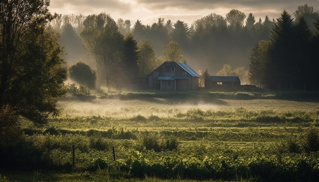 Спокойная сцена деревенского фермерского дома на лугу, созданная ИИ