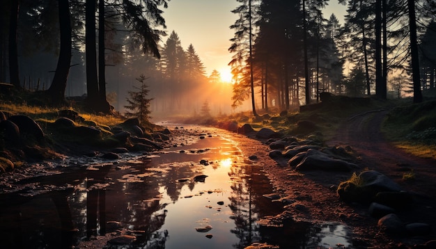 Спокойный закат над лесом, отражающийся в спокойной воде, созданный искусственным интеллектом