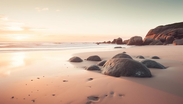 AIが生成した岩だらけの海岸線に沈む穏やかな夕日の風景