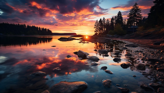 Tranquil scene sunset over water reflecting the beauty in nature generated by artificial intelligence