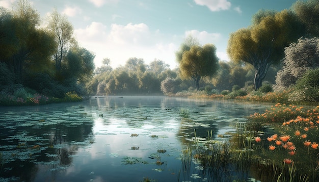 Спокойная сцена дерева отражается в голубом пруду красоты природы, раскрытой искусственным интеллектом