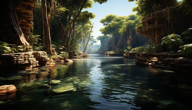 Tranquil scene of tropical rainforest flowing water and lush greenery generated by artificial intellingence