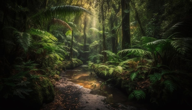 Спокойная сцена тропического тропического леса, пышной зеленой листвой, созданной искусственным интеллектом
