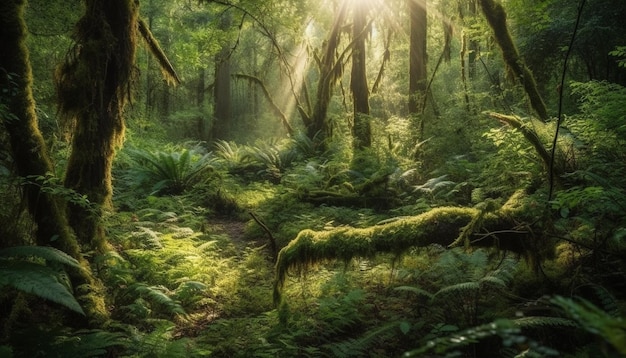 Scena tranquilla di mistero e bellezza della foresta pluviale tropicale generata dall'intelligenza artificiale