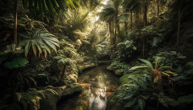 Free photo tranquil scene of tropical rainforest palm trees and lush growth generated by artificial intelligence