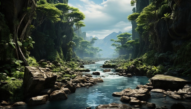 Free photo tranquil scene of a tropical rainforest with flowing water and green foliage generated by artificial intellingence