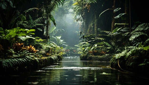 Free photo tranquil scene wet fern reflects dark mysterious tropical rainforest generated by artificial intelligence