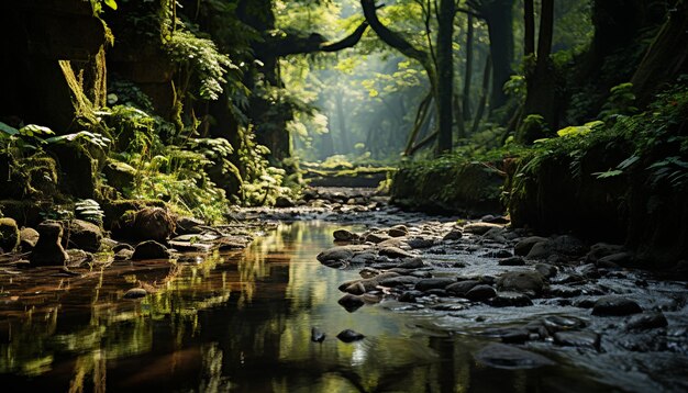 인공지능에 의해 생성된 가을의 습한 숲의 조용한 장면