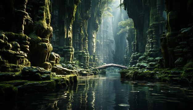 Tranquil scene of a wet forest mysterious rock and green trees generated by artificial intellingence