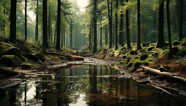 Tranquil scene of a wet forest reflecting the beauty of nature generated by artificial intelligence