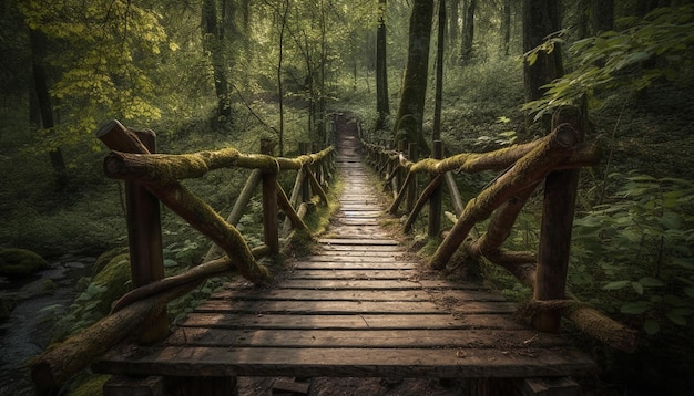 Free photo tranquil scene of wet forest with bridge generated by ai